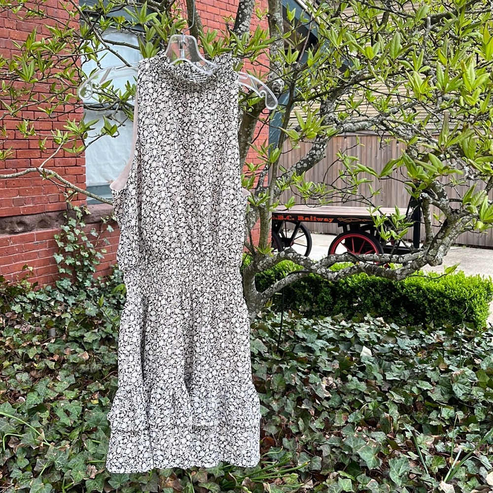 Flower Floral Print Ruffle High Neck Cinched Waist Dress S